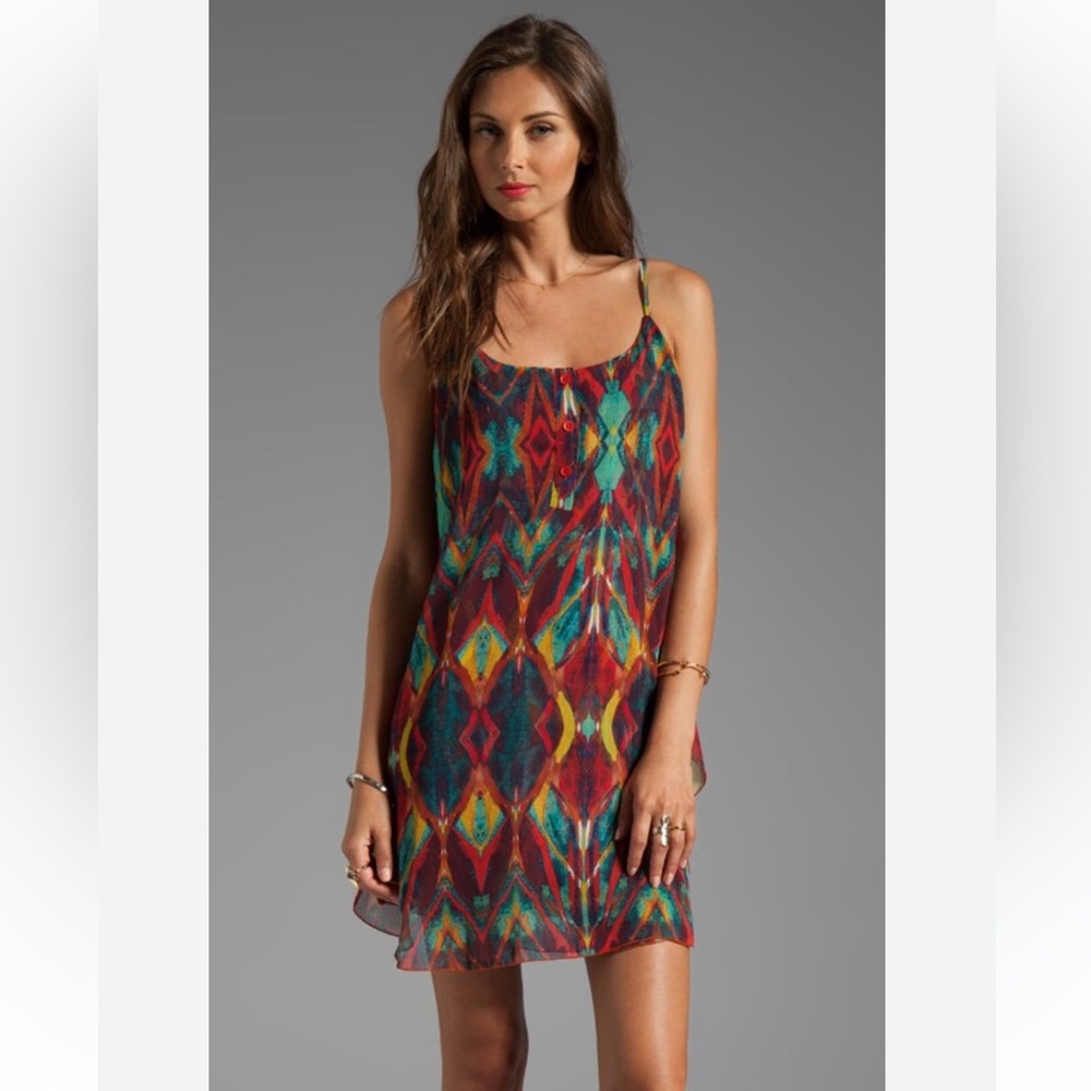 Alice + Olivia Chiffon Button Tribal Chiffon Spaghetti Strap Mini Dress - Picture 2 of 9